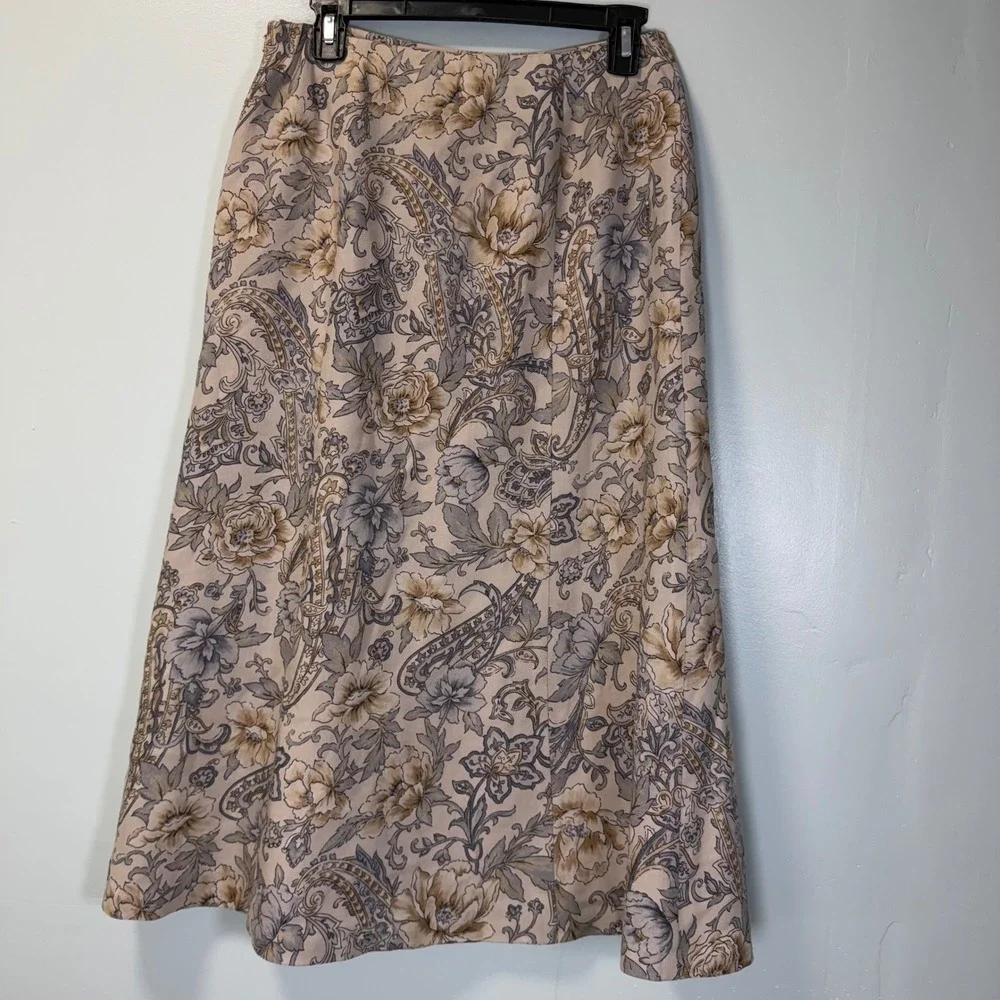 Talbots Petites Vintage Wool‎ Floral Paisley Midi Skirt Beige Tan Grey Size 8P